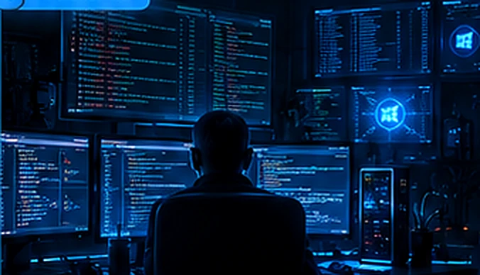Blue-lit security operations center with an analyst investigating logs